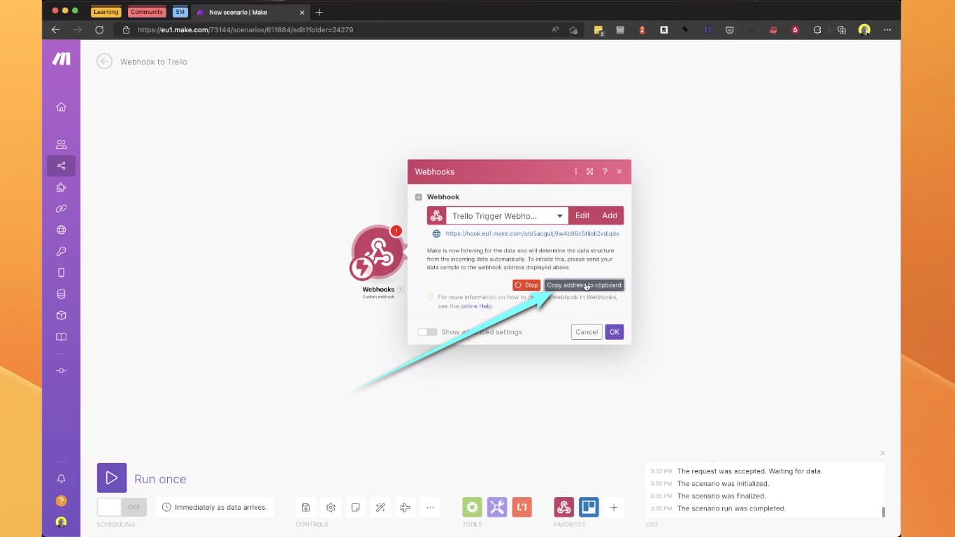 How to copy a Webhooks address in Make screenshot