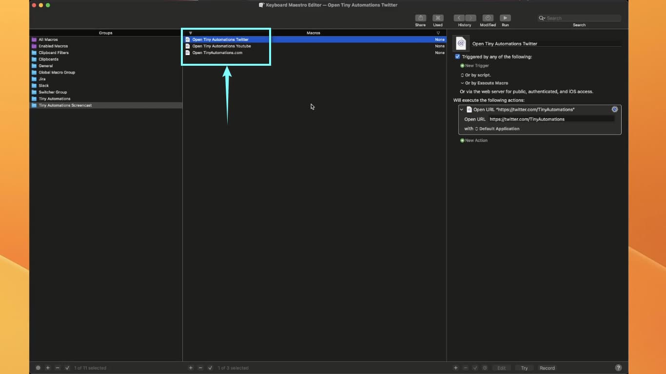 A list of macros in Keyboard Maestro