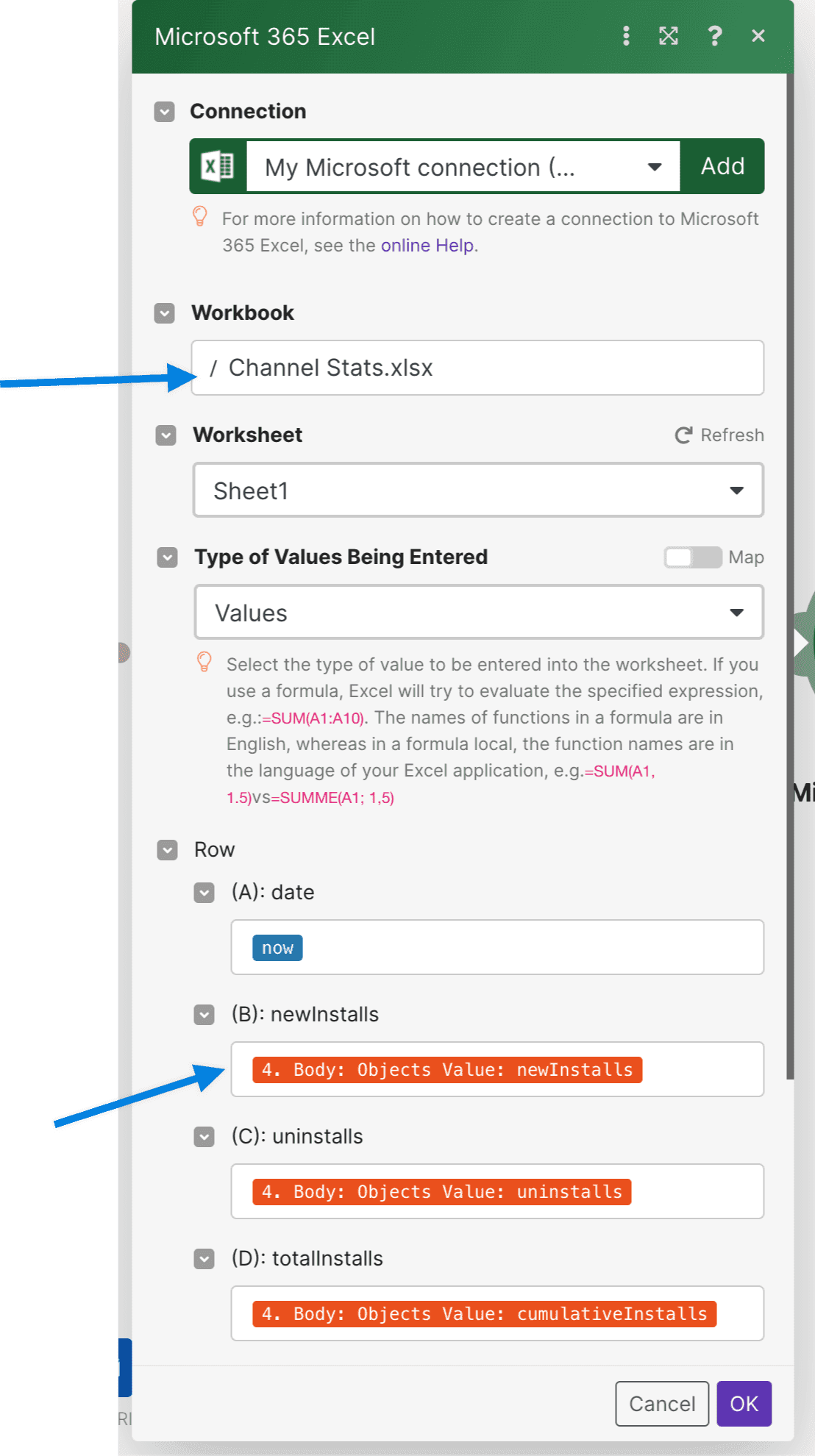 Excel node setup